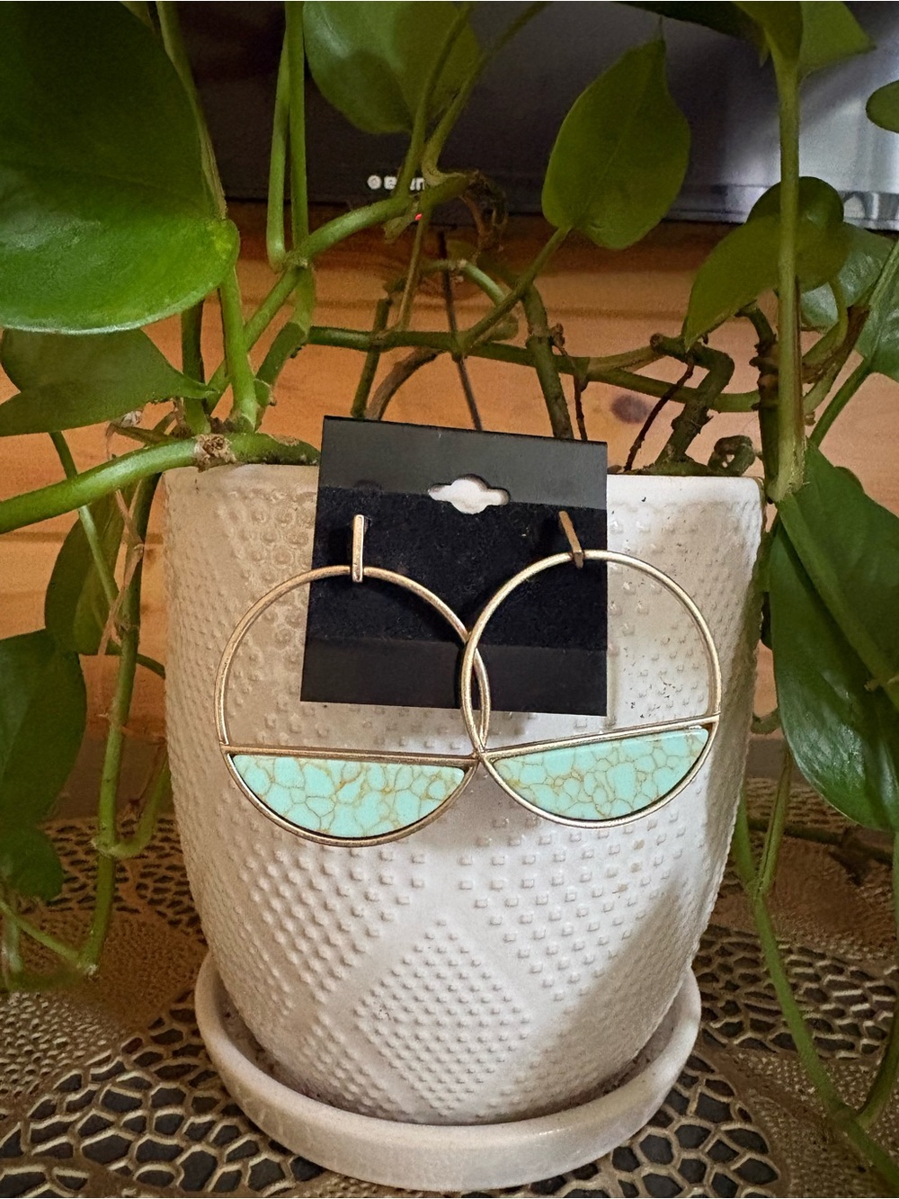 Gold Hoop Earrings with Turquoise Inlay - Women Accessories